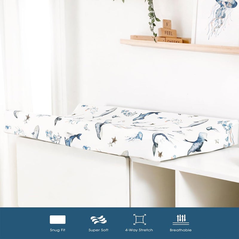 GRSSDER Stretch Ultra Soft Jersey Knit Changing Pad Cover Set 2 Pack, Change Table Pad Covers Fit 32"/34" x 16" Pads Safe and Snug, Sea Fish Print for Girls and Boys - Image 2